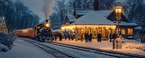 Wall Mural - Snowdusted train station in the Christmas village with passengers arriving for the holiday festivities, Christmas village, holiday arrivals