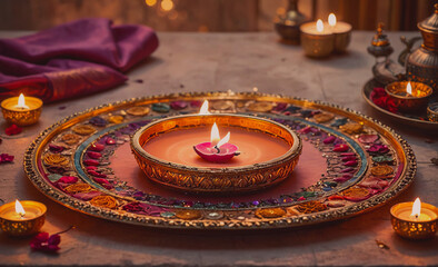 Poster - table with a gold tray with a candle in the middle. there are other candles around the tray