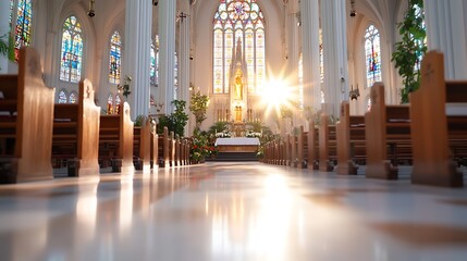 Canvas Print - Sunlit church interior with pews, altar, and stained glass.