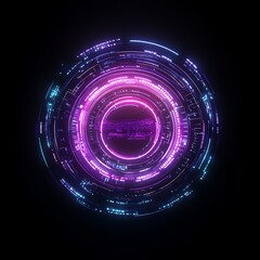 Poster - abstract futuristic circular design with glowing neon lights, patterns, and vibrant colors on a dark