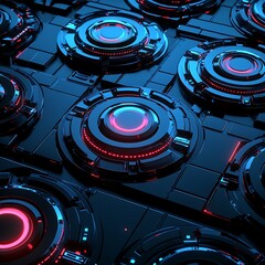 Poster - Abstract futuristic design featuring glowing circular elements in vivid neon colors on a dark background, creating a visually striking digital technology aesthetic.