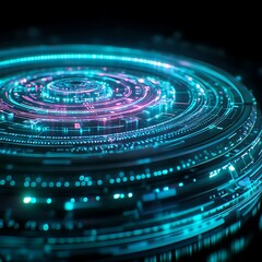Poster - abstract futuristic digital technology background with glowing circular patterns and vibrant neon co