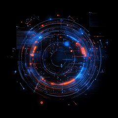 Poster - Abstract futuristic technology interface with glowing elements, data visualization, and intricate patterns in a dark background suitable for scientific and technological concepts