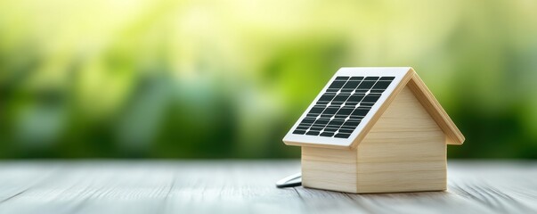 Poster - A small wooden house model with a solar panel on the roof, symbolizing renewable energy and sustainable living in a green environment.