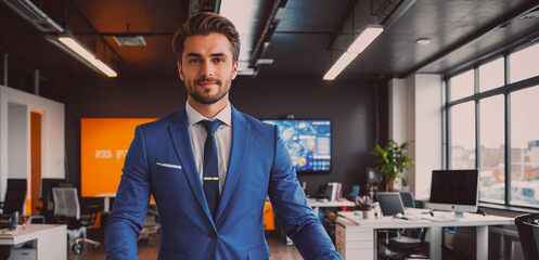 Poster - Man in a blue suit stands in front of a wall with a sign that says 