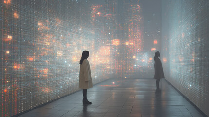 Two individuals explore a stunning digital art installation filled with lights and patterns in an immersive gallery setting. Generative AI