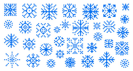 big collection of snowflakes, snow icon in pixel art. set of retro. pixel snowflakes with tracery. d