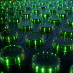 Poster - close-up view of a high-tech surface with numerous bright green light elements illuminated in a dark