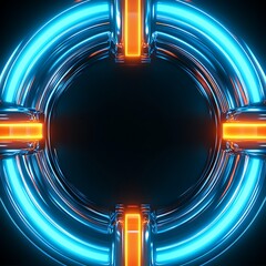 Poster - Futuristic Abstract Design Featuring Bright Neon Blue and Orange Tubes in Circular Shape with Contrasting Black Background for Modern Aesthetic