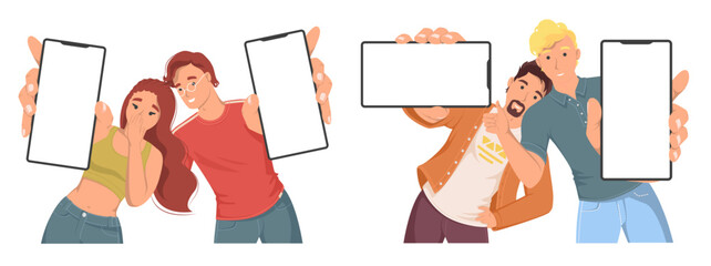 Happy excited teenagers showing mobile phone empty blank screens presenting new application, advertising useful technology or promoting sale discounts vector illustration