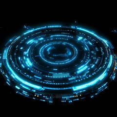 Poster - futuristic blue technology interface with glowing circuits and patterns, digital sphere on dark back