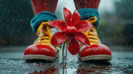 Wall Mural - Close-up of a playful clown wearing a red nose and oversized shoes, holding a flower that squirts water