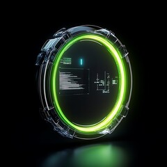 Poster - futuristic interface design with circular holographic display and neon green elements showcasing dat