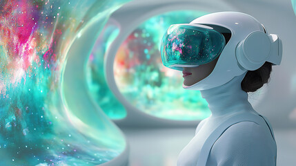 Poster - Futuristic astronaut exploring universe through virtual reality in a high-tech environment. Generative AI