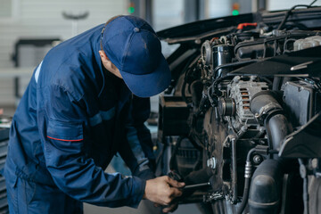 Fototapete - Auto mechanic repairs an engine. Replacing the timing chain