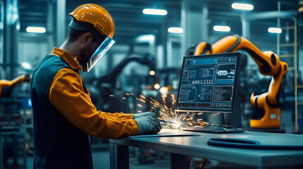Poster - engineer check and control welding robotics automatic arms machine in intelligent factory automotive