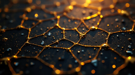 Poster - Close-up view of a unique textured surface with small triangular and polygon gold facets reflecting light beautifully