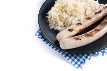 Wall Mural - Bratwurst sausage and sauerkraut isolated on white background. Copy space