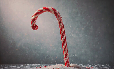 Poster - Red and white cane is on a snowy surface. The cane is leaning on the snow