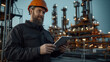 © Roman - Worker Wearing Safety Gear Checks Tablet at Industrial Site During Twilight to Monitor Operations and Ensure Safety Protocols in a Refinery Environment