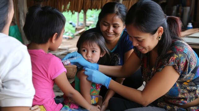 A young girl receives a vaccination from a medical professional, while her mother watches nearby.