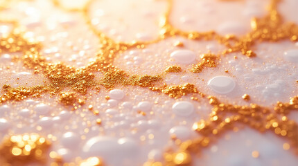 Poster - A surface shows small gold facets blending with a white-pink liquid, creating an abstract visual effect