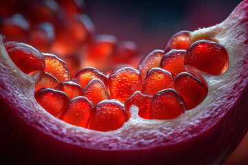 Wall Mural - Macro Close-Up of Fresh Juicy Pomegranate Seeds with Vibrant Red Color and Dew-Like Texture, Perfect for Health and Nutrition Concepts.