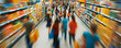 © john - A busy supermarket scene showing blurred shoppers navigating colorful product aisles, conveying a sense of vibrant consumer activity.