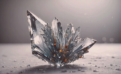 Poster - Large crystal is sitting on a table. The crystal is clear and has a rough texture. It is surrounded by a small amount of dirt