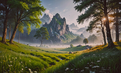 Fototapete - Mountain range with a valley in between. Trees are in the foreground and background. The valley is green and has a river running through it