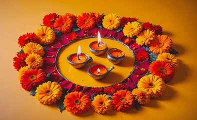 Poster - Yellow background with a flower arrangement in the center. There are three candles in the center of the arrangement