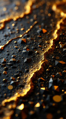 Poster - A close-up shows a dynamic surface with small triangular and polygonal gold facets and intricate textures