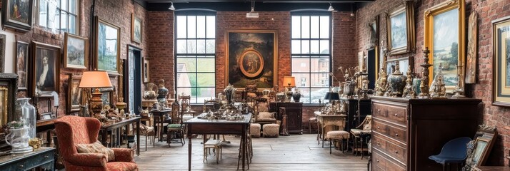 A vintage antique shop filled with various artworks and furnishings for sale.