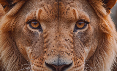 Poster - Lion with brown eyes and a brown mane. The lion has a brown nose and a brown mouth