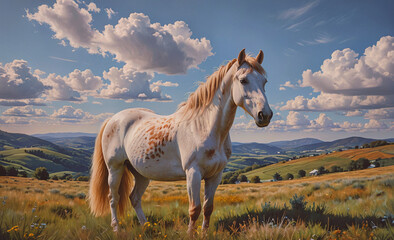 Poster - White horse with brown spots stands in a field. The sky is cloudy and the sun is shining