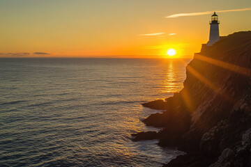 Wall Mural - A lighthouse stands on a cliff during a vibrant sunset over the ocean.