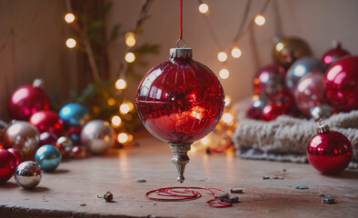 Poster - Red ornament with a silver chain hanging from it. There are many other ornaments on the table