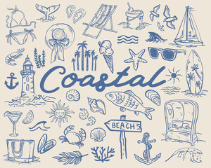 whimsical coastal hand drawn vector illustrations - collection