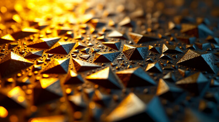 Poster - Detailed view of a textured surface filled with small gold-colored triangles and polygons reflecting light