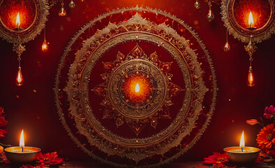 Poster - Red background with a gold circle with a lit candle in the center. There are three candles in the circle