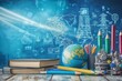 © Georgii - Educational background with a globe, colorful pencils, books, and engineering drawings on a digital futuristic blue backdrop