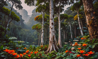 Aufkleber - Forest with a large tree in the middle. The tree is surrounded by many other trees and plants