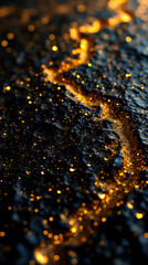 Poster - Small golden facets sparkle vividly on a rich black liquid, creating an enchanting abstract effect