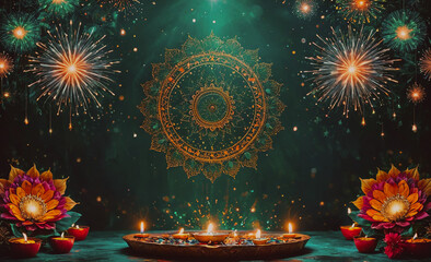 Poster - Green background with a large circle and fireworks in the background. There are also some flowers in the foreground