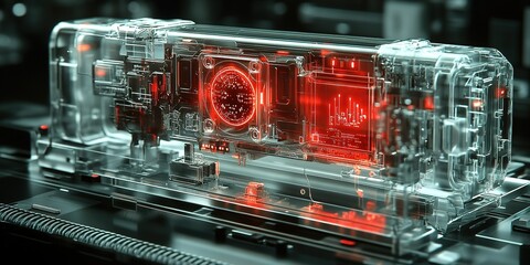 Poster - Futuristic transparent device showcasing intricate technology and glowing elements in a dark environment
