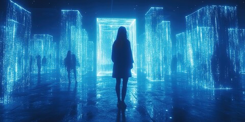 Poster - Illuminated digital museum exhibition showcasing holographic blue installations at night