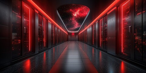 Poster - Futuristic corridor with red lighting and digital servers inside a high-tech facility