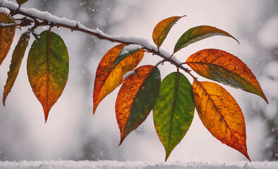 Poster - Leaf with a green stem and a brown stem is hanging from a branch. The leaf is brown and green, with some snow on it. The snow is covering the leaf, making it look like it's been there for a while
