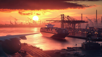 Wall Mural - Vibrant sunset casts golden hues over a busy cargo port with a sleek container ship and an impressive cargo plane