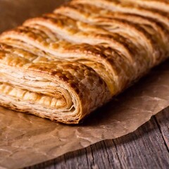 Close-up of a puff pastry's flaky layers.